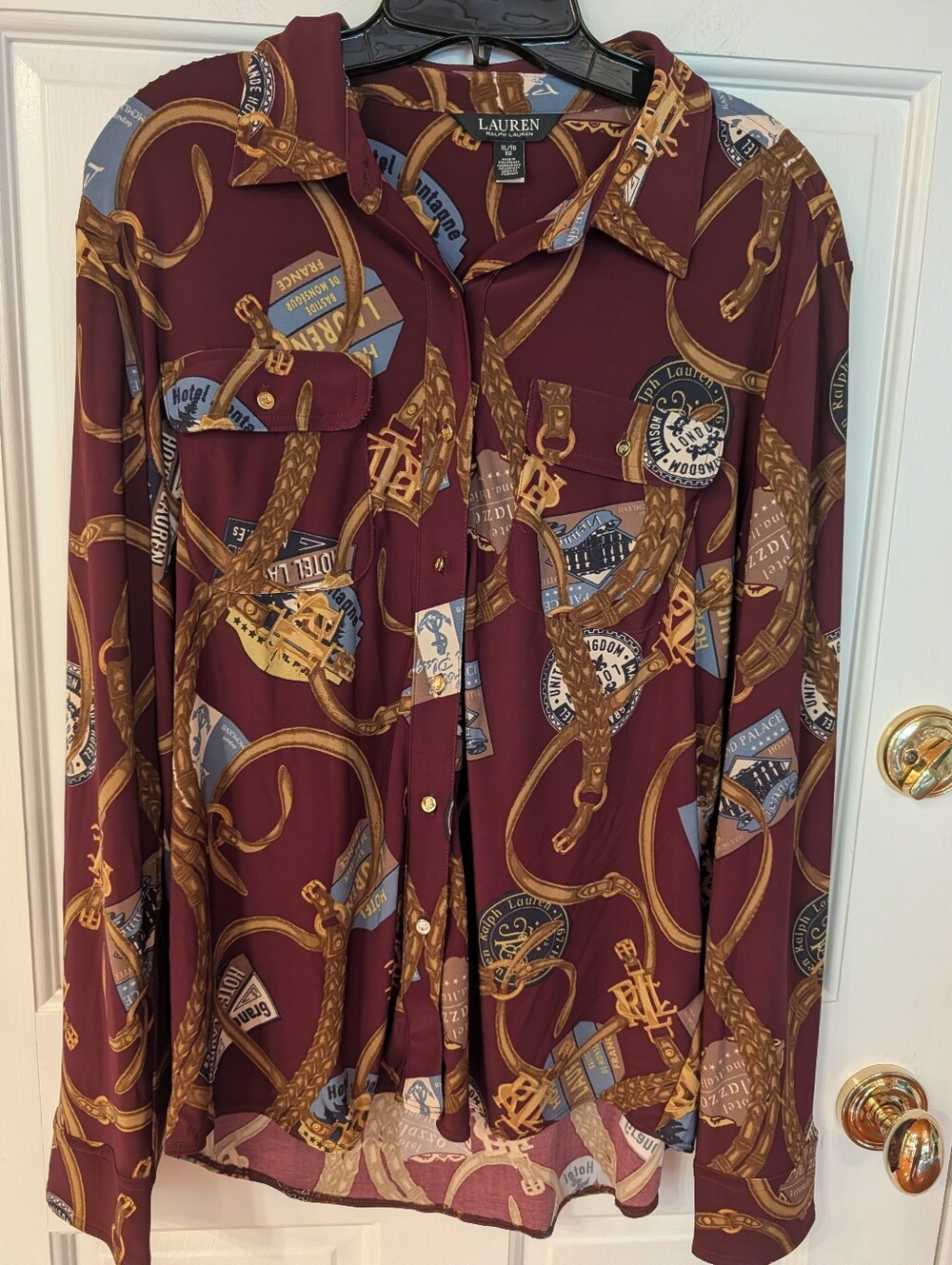 HTF LAUREN Ralph Lauren Burgundy Belting Travel Print Gold Button Blouse Sz XL
